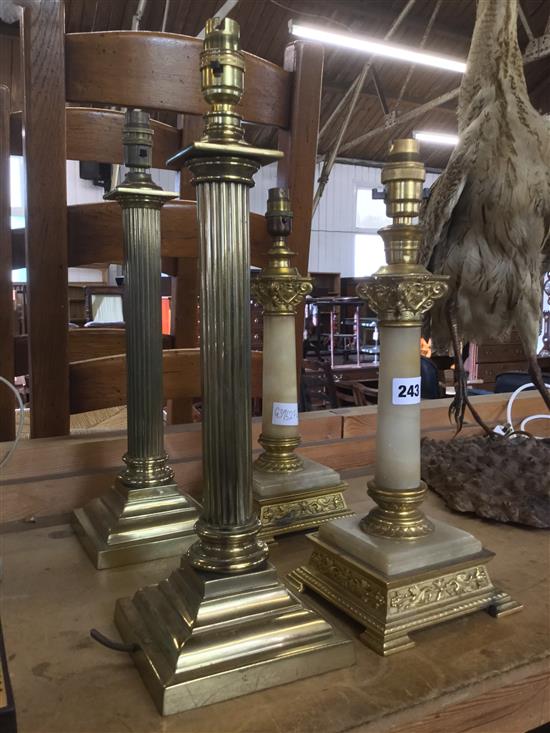 Pair brass column table lamps & pair marble gilt lamps